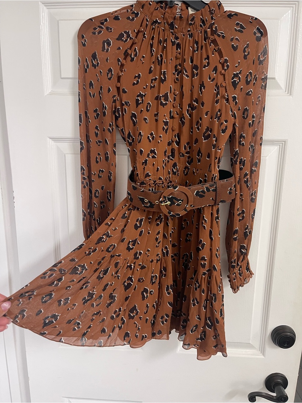 NICHOLAS Golden brown with black leopard print Long-Sleeve Belted Mini Dress